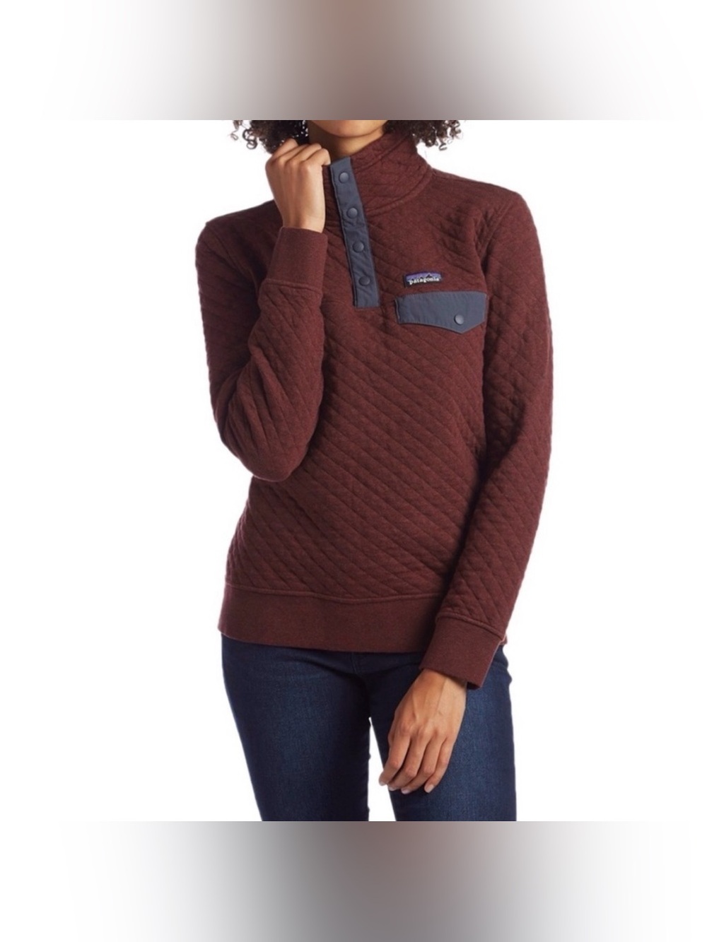 Patagonia Women’s Quilted Snap-Front Organic Cotton Pullover Sweatshirt — Maroon